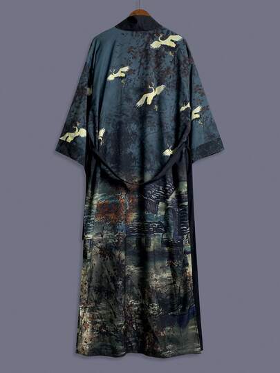 Veste kimono fine à manches longues et imprimé vintage de grue pour femmes, cache-maillot élégante et décontractée pour soirée, robe de chambre costume noir