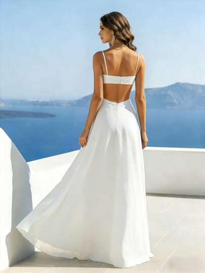 HOMEYEE Robe élégante en mousseline de soie de couleur unie, sexy, col en V, bretelles spaghetti, dos nu, coupe trapèze pour femmes, pour vacances, demoiselle d'honneur, mariage, fête blanche, automne