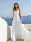 HOMEYEE Robe élégante en mousseline de soie de couleur unie, sexy, col en V, bretelles spaghetti, dos nu, coupe trapèze pour femmes, pour vacances, demoiselle d'honneur, mariage, fête blanche, automne