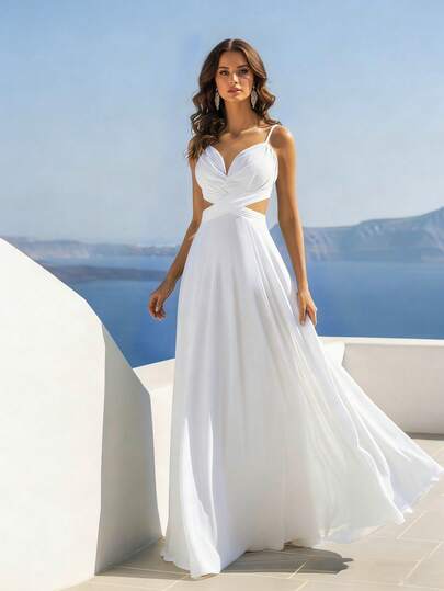 HOMEYEE Robe élégante en mousseline de soie de couleur unie, sexy, col en V, bretelles spaghetti, dos nu, coupe trapèze pour femmes, pour vacances, demoiselle d'honneur, mariage, fête blanche, automne