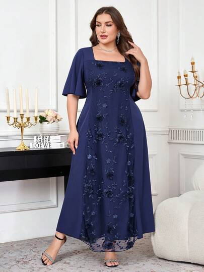 Clasi Robe élégante à col carré, manches à volants et broderie florale pour femmes grandes tailles