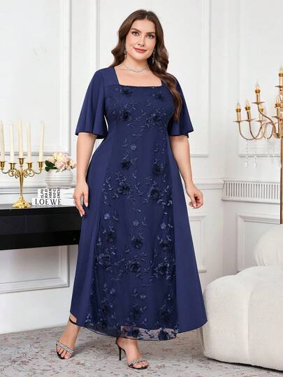 Clasi Robe élégante à col carré, manches à volants et broderie florale pour femmes grandes tailles