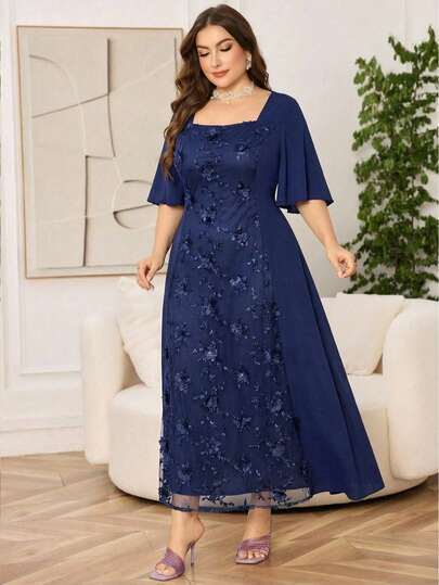 Clasi Robe élégante à col carré, manches à volants et broderie florale pour femmes grandes tailles