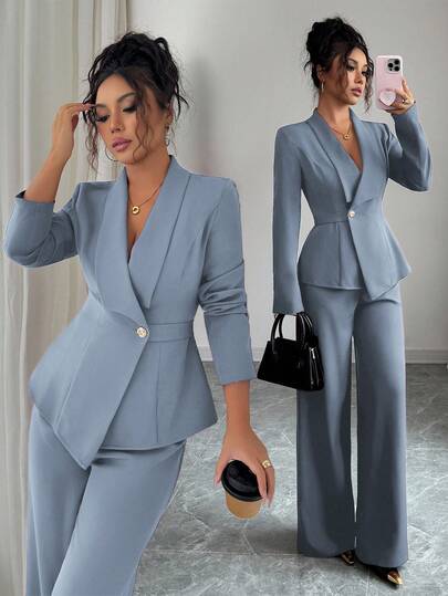 Elenzga Ensemble de tailleur pour femme, bleu poussiéreux, automne hiver, élégant, tailleur de bureau, col à revers, manches longues, taille cintrée, ourlet asymétrique en A, décoration de boutons métalliques, trajet