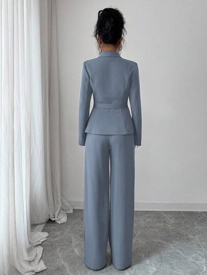 Elenzga Ensemble de tailleur pour femme, bleu poussiéreux, automne hiver, élégant, tailleur de bureau, col à revers, manches longues, taille cintrée, ourlet asymétrique en A, décoration de boutons métalliques, trajet