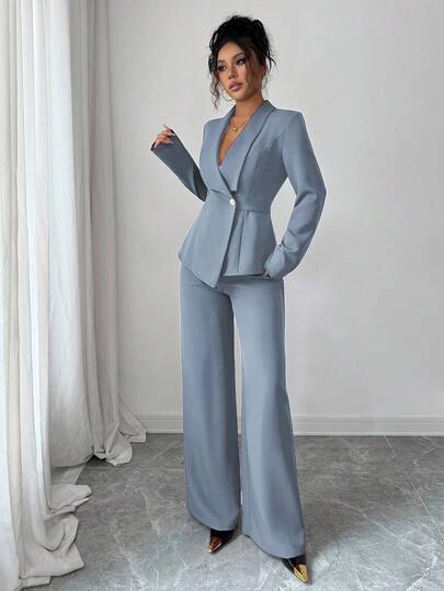 Elenzga Ensemble de tailleur pour femme, bleu poussiéreux, automne hiver, élégant, tailleur de bureau, col à revers, manches longues, taille cintrée, ourlet asymétrique en A, décoration de boutons métalliques, trajet