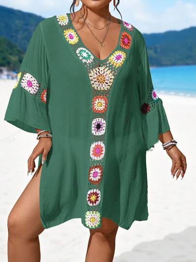 Swim Lushoire Robe de plage fendue ajustée à col en V ajouré, faite main au crochet, pour femmes grandes tailles