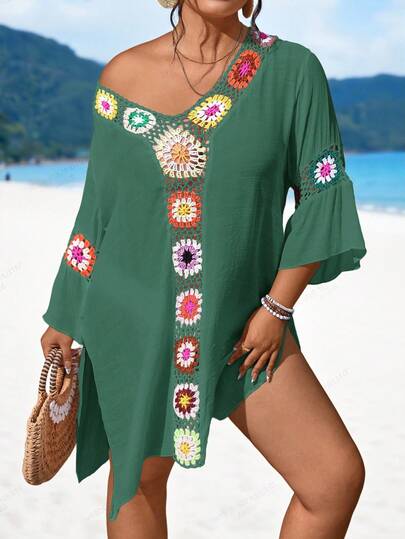 Swim Lushoire Robe de plage fendue ajustée à col en V ajouré, faite main au crochet, pour femmes grandes tailles