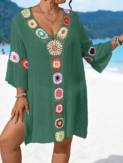 Swim Lushoire Robe de plage fendue ajustée à col en V ajouré, faite main au crochet, pour femmes grandes tailles