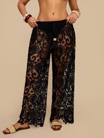 Travachic Pantalon couvre-tout en dentelle noire grande taille pour femmes, pantalon en tricot dentelle décontracté pour plage et vacances, pantalon en dentelle avec motif cachemire et fleur