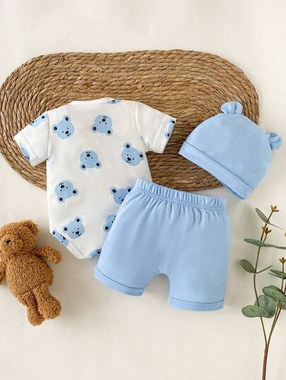 3 pièces Ensemble de barboteuse, short et chapeau pour bébé garçon, ours brun mignon, rayures bleu et blanc, été, décontracté, tenue confortable pour le travail décontracté et les jeux en plein air