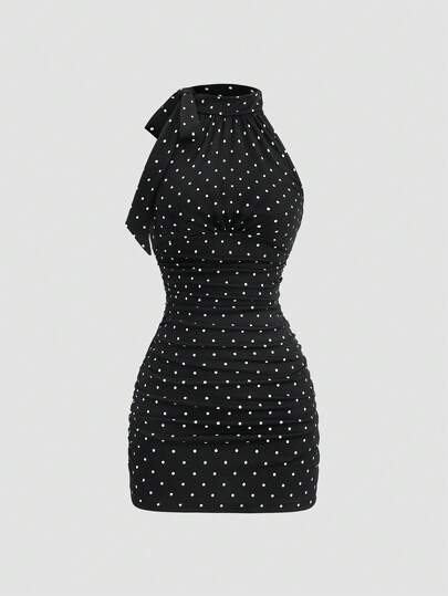 Sweetra Nouvelle robe mini élégante de bureau pour dame, taille froncée avec nœud papillon à pois, style français de printemps