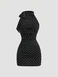 Sweetra Nouvelle robe mini élégante de bureau pour dame, taille froncée avec nœud papillon à pois, style français de printemps