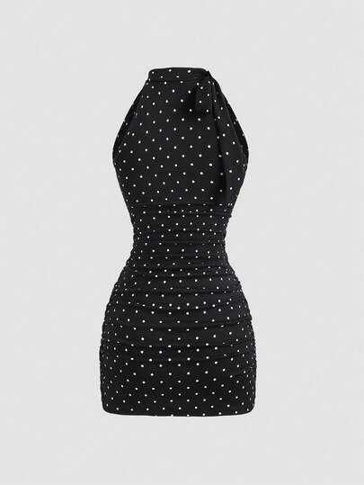 Sweetra Nouvelle robe mini élégante de bureau pour dame, taille froncée avec nœud papillon à pois, style français de printemps