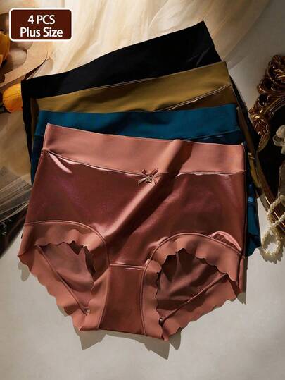 4 pièces/paquet Culottes triangulaires liftantes en satin unicolore avec volants à la taille pour femmes grandes tailles