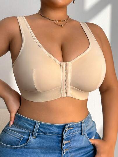 Soutien-gorge décontracté et confortable à fermeture frontale, couleur unie, tailles grandes