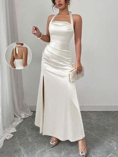 Rafferiza Robe fourreau élégante en satin élastique fendue jusqu'à la cuisse de couleur champagne