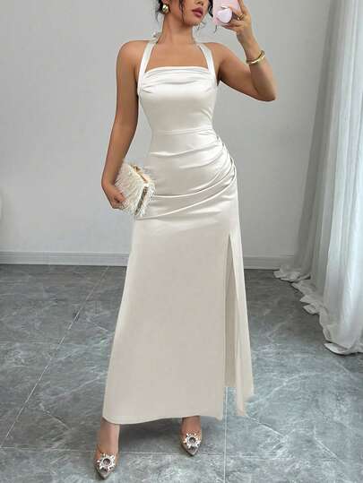 Rafferiza Robe fourreau élégante en satin élastique fendue jusqu'à la cuisse de couleur champagne