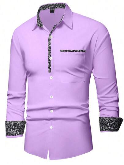 Manfinity Mode Chemise formelle à boutons imprimée de fleurs pour hommes, coupe ample, chemise habillée pour hommes violette, chemise violet clair, automne, Top à manches longues, cérémonie