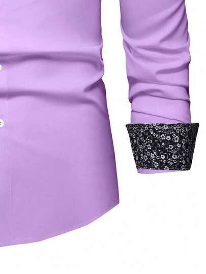 Manfinity Mode Chemise formelle à boutons imprimée de fleurs pour hommes, coupe ample, chemise habillée pour hommes violette, chemise violet clair, automne, Top à manches longues, cérémonie