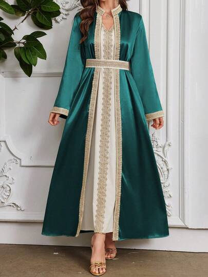 Layrah Ensemble robe abaya en dentelle hydrosoluble avec vêtement de dessus pour femmes, caftan marocain, mode musulmane abaya pour festival/rassemblement, style de soirée élégant et de luxe