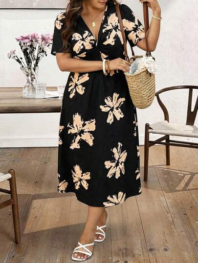 Lounesse Robe grande taille décontractée traditionnelle de vacances élégante à col en V et taille cintrée, robe d'été de vacances formelle noire