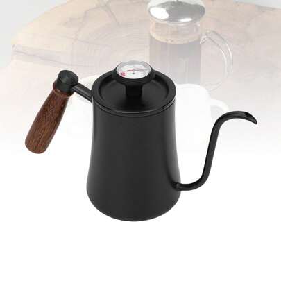 500 ml Bouilloire à col de cygne en acier inoxydable 304 avec thermomètre, cafetière à verser, bouilloire à thé, bouilloire d'eau de cuisine à la maison avec échelle, noire, accessoires de service à café