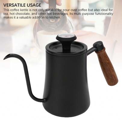 500 ml Bouilloire à col de cygne en acier inoxydable 304 avec thermomètre, cafetière à verser, bouilloire à thé, bouilloire d'eau de cuisine à la maison avec échelle, noire, accessoires de service à café