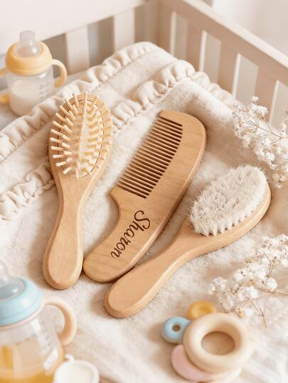 3 pièces Set de brosse et peigne personnalisé pour nouveau-né, cadeau parfait pour la baby shower, anniversaire de bébé, design moderne gravé, convient pour l'anniversaire, la Saint-Valentin, la fête des mères, l'anniversaire, la fête des enfants, la fête