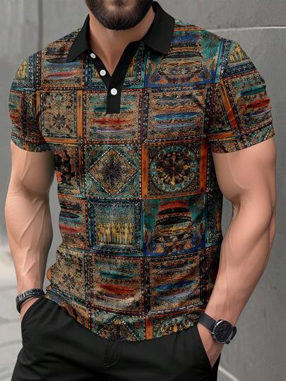 Chemise à manches courtes à col polo avec boutons et motif rétro pour homme, porter au quotidien de manière décontractée