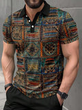 Chemise à manches courtes à col polo avec boutons et motif rétro pour homme, porter au quotidien de manière décontractée