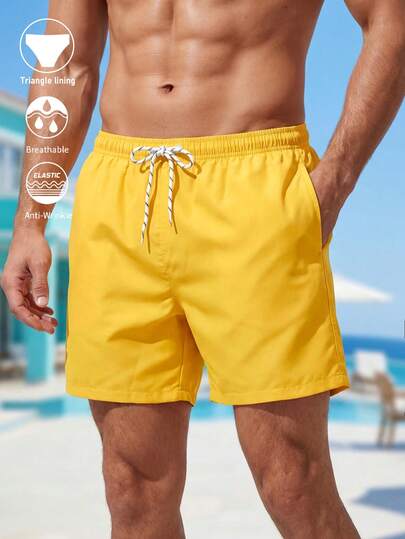 CoralVoy Maillot de bain homme unicolore avec cordon de serrage à la taille, short de bain jaune pour homme, maillot de bain jaune unicolore, maillot de bain jaune citron, maillot de bain pour homme, vacances