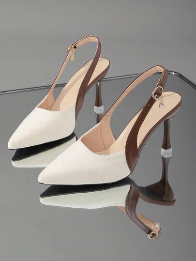 (Taille petite, veuillez commander une taille au-dessus) 1 paire de chaussures à talons hauts pour femmes, tissu doux avec blocs de couleurs, bout pointu, talon aiguille avec décoration de boucle métallique, sandales compensées de style princesse à la mod
