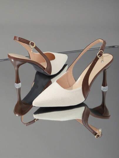 (Taille petite, veuillez commander une taille au-dessus) 1 paire de chaussures à talons hauts pour femmes, tissu doux avec blocs de couleurs, bout pointu, talon aiguille avec décoration de boucle métallique, sandales compensées de style princesse à la mod