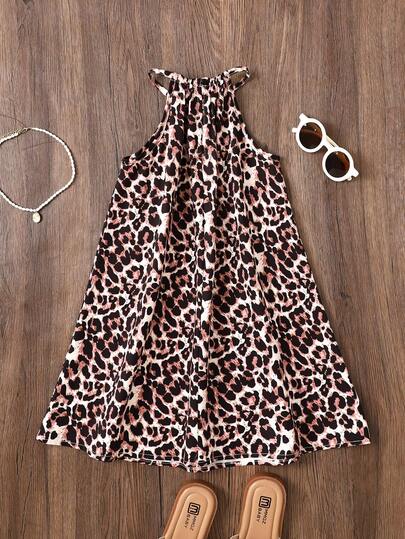 Robe camisole décontractée pour jeune fille avec imprimé léopard et floral