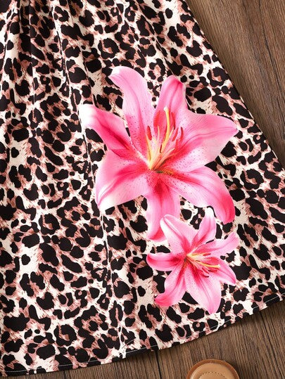 Robe camisole décontractée pour jeune fille avec imprimé léopard et floral