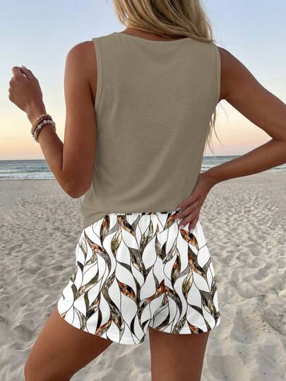 LUNE Ensemble 2 pièces débardeur col rond et short décontracté pour femme, adapté pour l'été