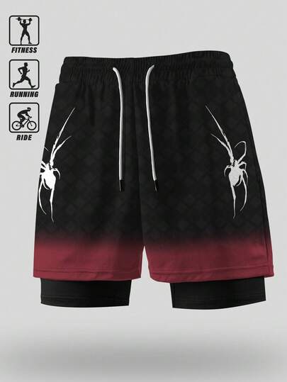 GymBeat Shorts de sport à double couche avec imprimé dégradé d'araignée pour hommes