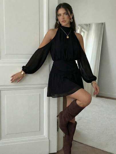 Firerie Robe mini élégante à col lavallière et épaules dénudées en mousseline de soie, convient pour les sorties en été