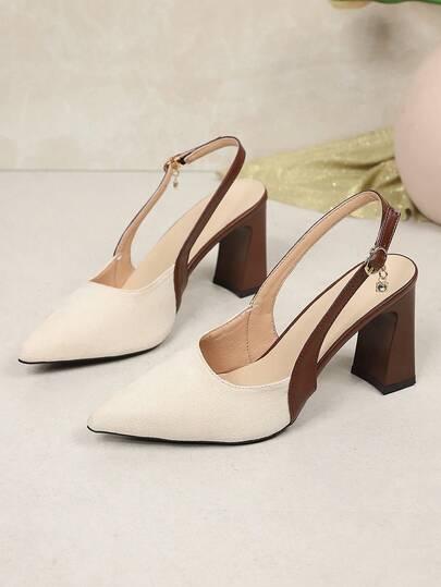 1 paire de sandales à talons hauts pour femmes couleur abricot, en tissu suédé doux PU, bout pointu, coupe basse, talon épais avec talon arrière surélevé, design à une bride avec boucle métallique, sandales compensées de style princesse glamour et à la mo