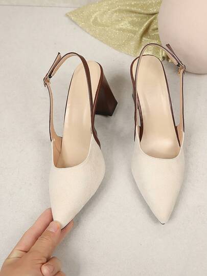 1 paire de sandales à talons hauts pour femmes couleur abricot, en tissu suédé doux PU, bout pointu, coupe basse, talon épais avec talon arrière surélevé, design à une bride avec boucle métallique, sandales compensées de style princesse glamour et à la mo