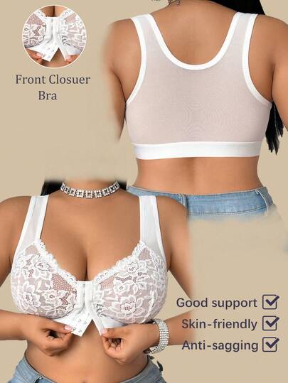 Soutien-gorge sans armatures confortable avec fermeture devant, patchwork en dentelle, couleur unie, grande taille