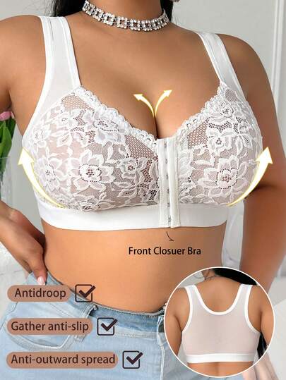 Soutien-gorge sans armatures confortable avec fermeture devant, patchwork en dentelle, couleur unie, grande taille
