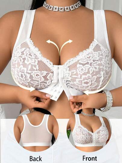 Soutien-gorge sans armatures confortable avec fermeture devant, patchwork en dentelle, couleur unie, grande taille