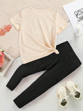 Elladie kids Ensemble t-shirt court et leggings imprimé léopard avec nœud, style décontracté et créatif pour jeune fille. Tenue confortable pour le printemps, l'été et l'automne