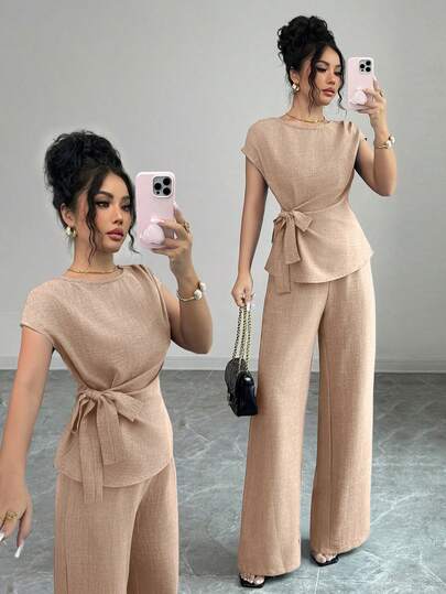 Elenzga Femmes Élégante Décontractée Bleu Plissé Réglable Taille nœud Papillon Blouse + Femmes Élégante Décontractée Taille Haute Poche Conception Ample Jambe Large Pantalon