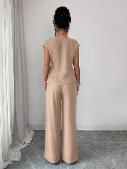 Elenzga Femmes Élégante Décontractée Bleu Plissé Réglable Taille nœud Papillon Blouse + Femmes Élégante Décontractée Taille Haute Poche Conception Ample Jambe Large Pantalon