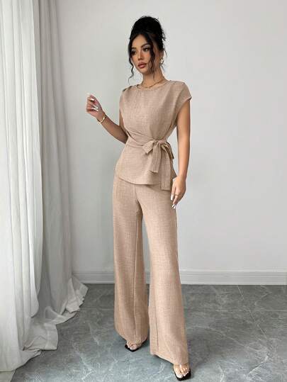 Elenzga Femmes Élégante Décontractée Bleu Plissé Réglable Taille nœud Papillon Blouse + Femmes Élégante Décontractée Taille Haute Poche Conception Ample Jambe Large Pantalon