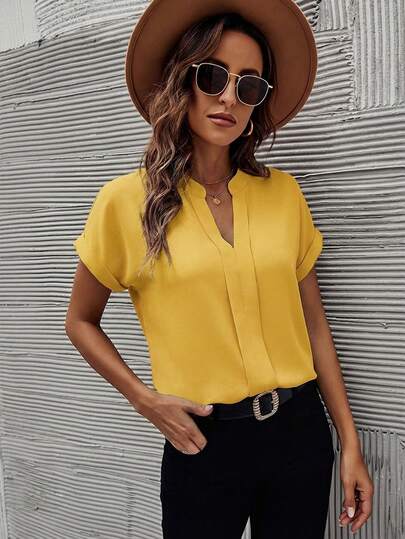Clasi Chemise d'été décontractée à col cranté de couleur unie