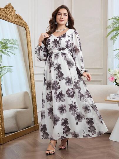 Modelyn Robe longue évasée à manches longues en mousseline de soie à imprimé floral, grande taille, printemps/été
